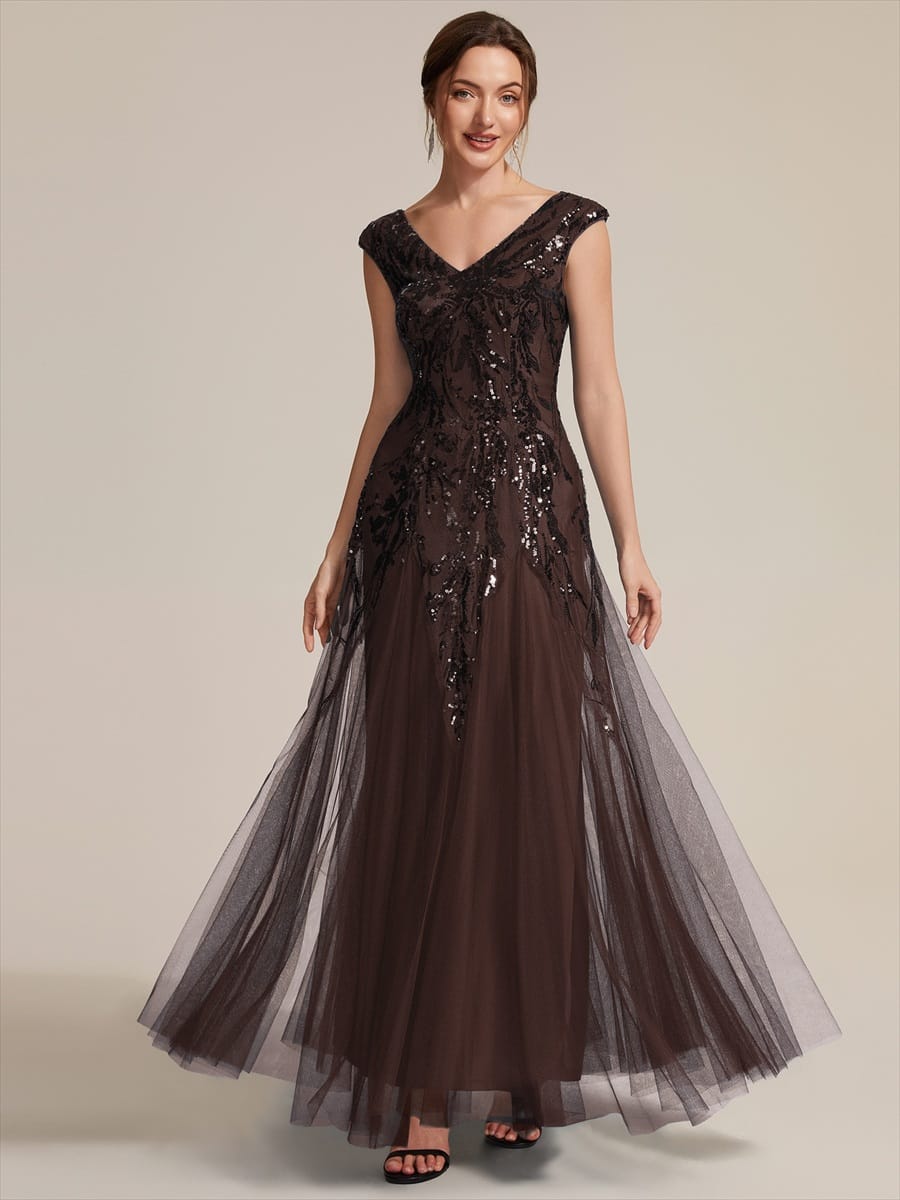Embroidered Sequin Cap Sleeve Dress #color_Chocolate brown