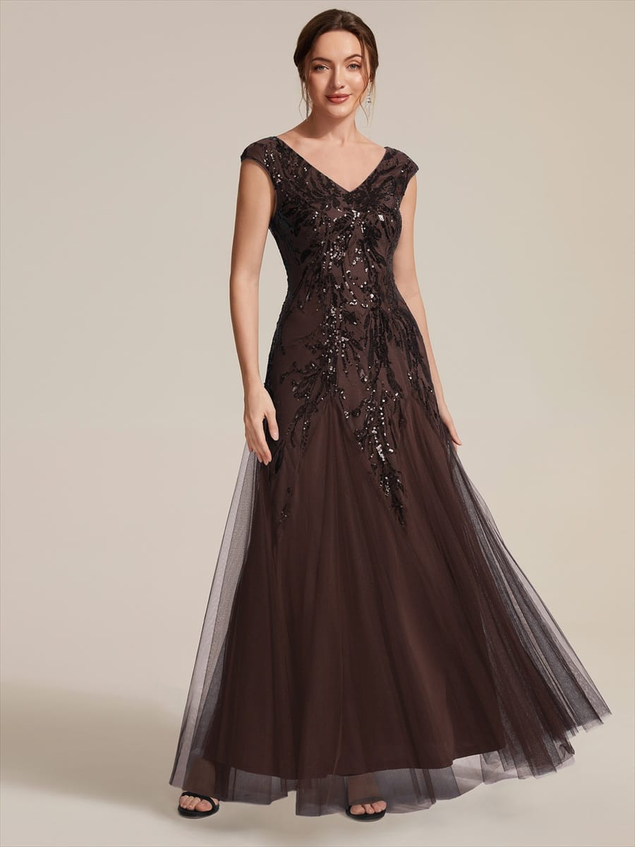 Embroidered Sequin Cap Sleeve Dress #color_Chocolate brown