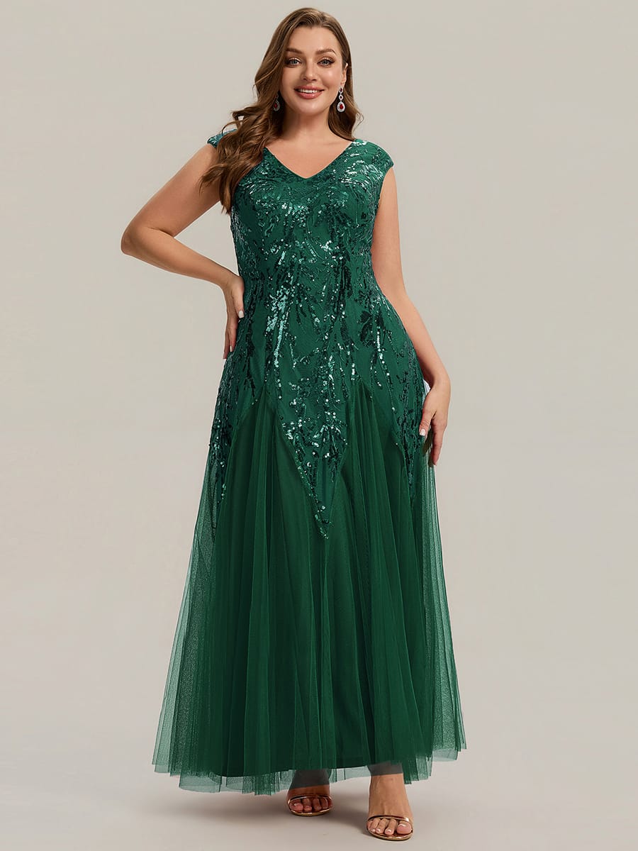 Embroidered Sequin Cap Sleeve Dress #color_Dark Green