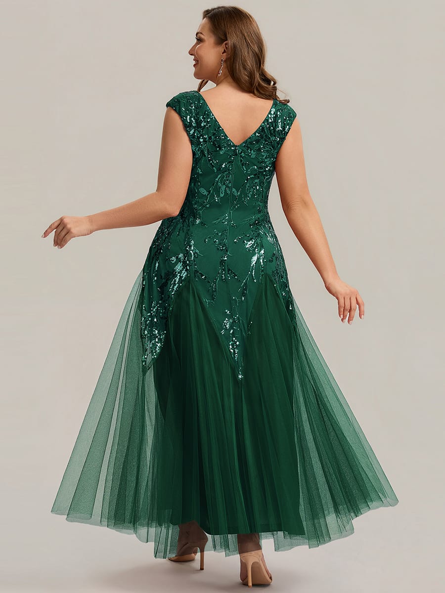 Embroidered Sequin Cap Sleeve Dress #color_Dark Green