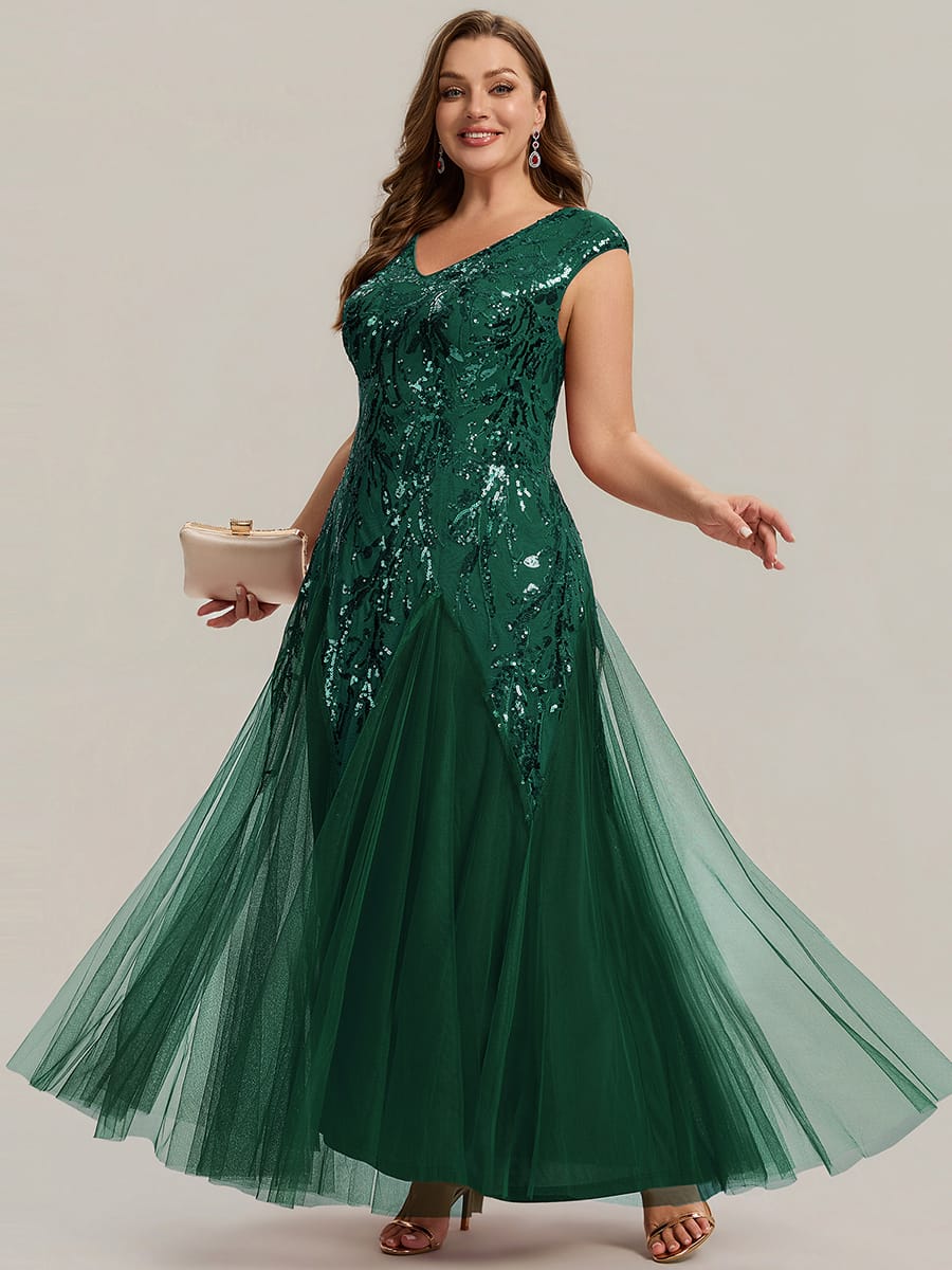 Embroidered Sequin Cap Sleeve Dress #color_Dark Green