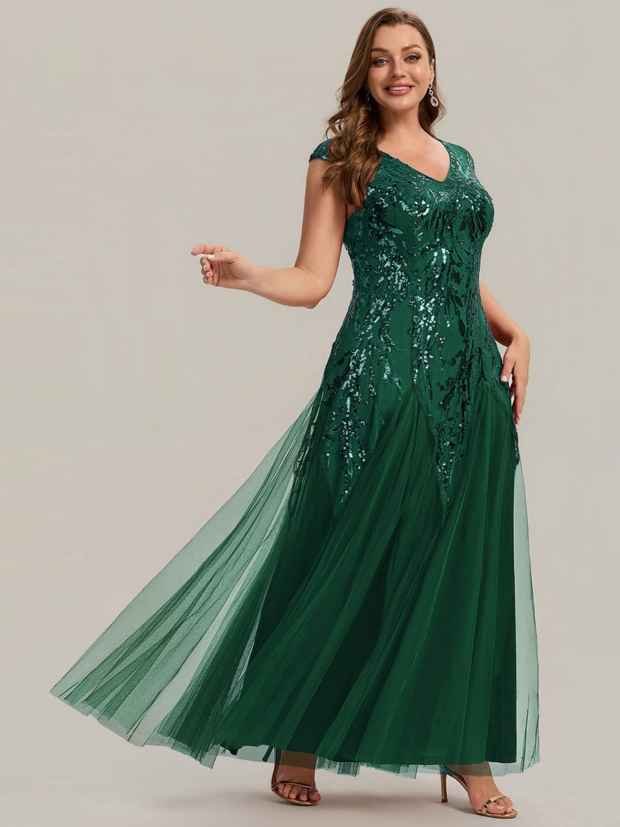 Embroidered Sequin Cap Sleeve Dress #color_Dark Green