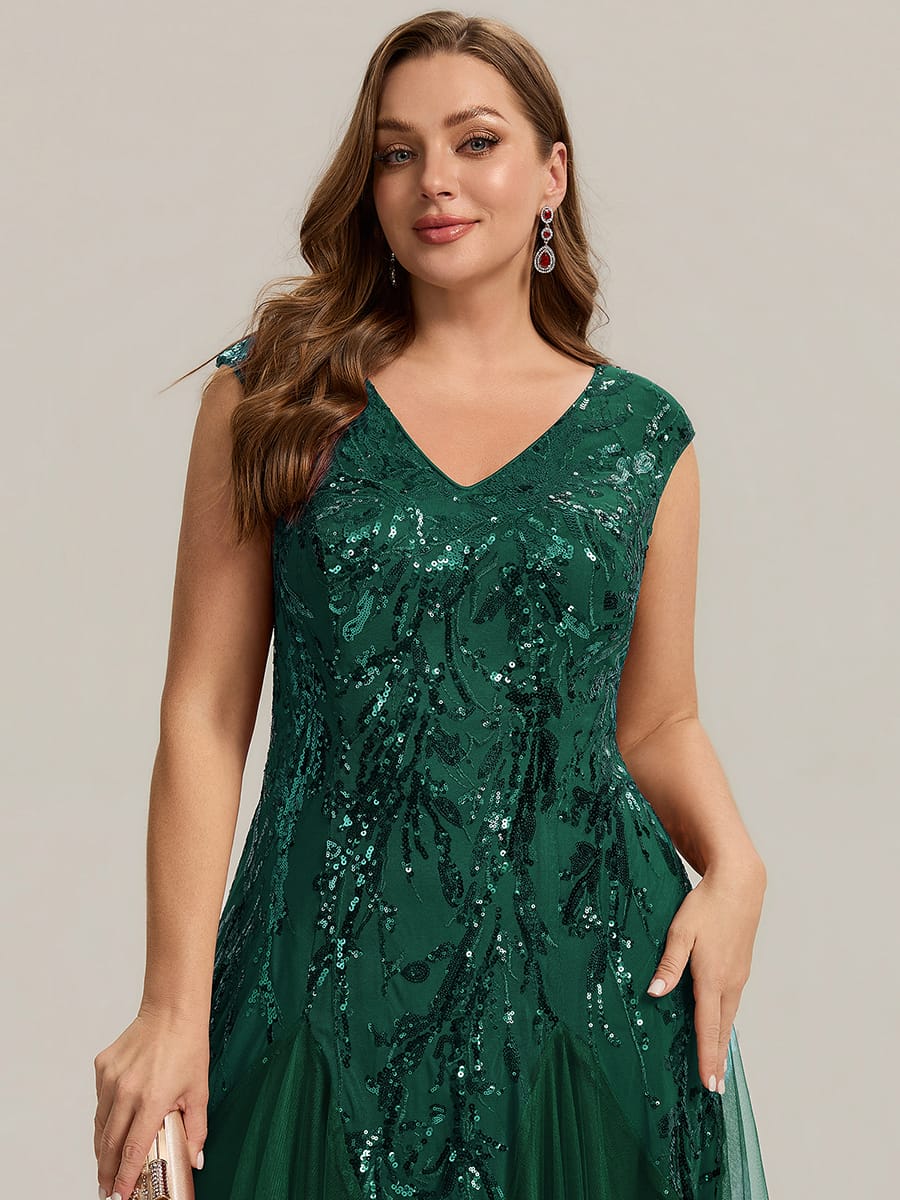 Embroidered Sequin Cap Sleeve Dress #color_Dark Green