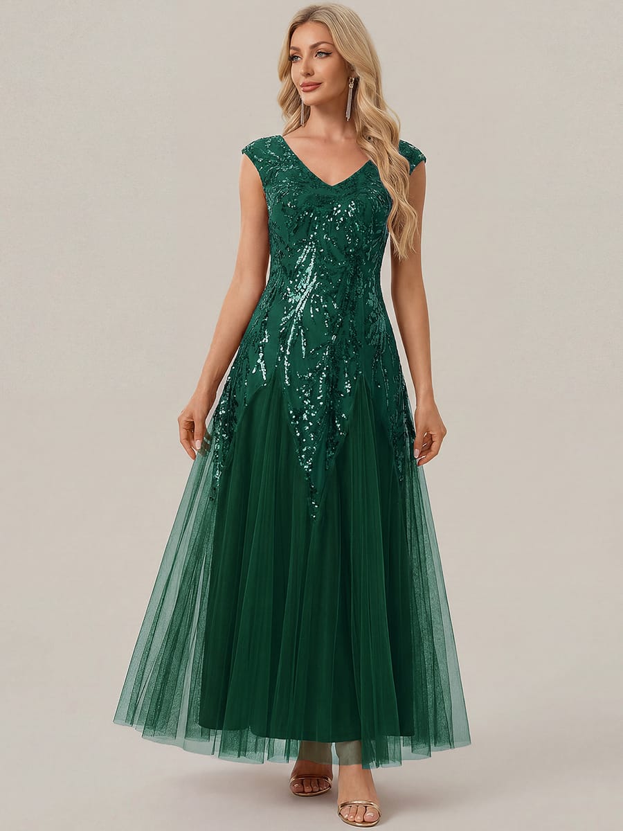 Embroidered Sequin Cap Sleeve Dress #color_Dark Green