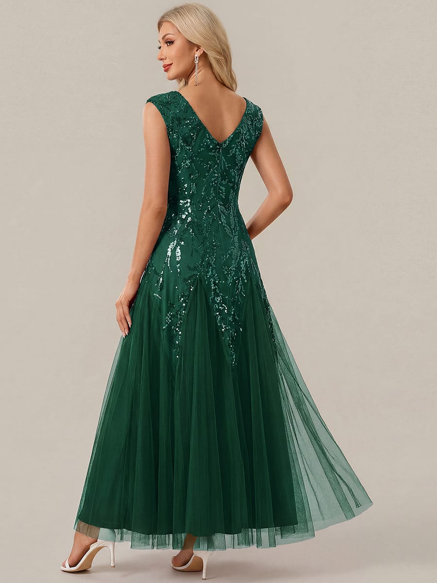 Embroidered Sequin Cap Sleeve Dress #color_Dark Green