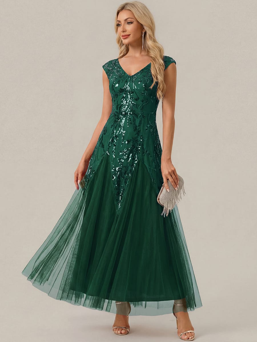 Embroidered Sequin Cap Sleeve Dress #color_Dark Green