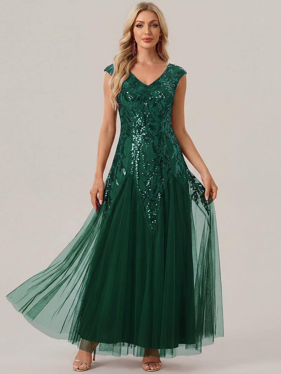 Embroidered Sequin Cap Sleeve Dress #color_Dark Green