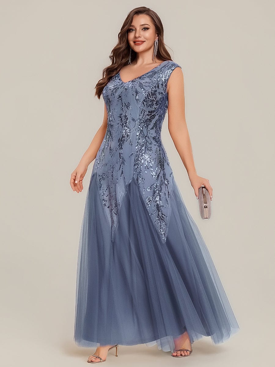 Embroidered Sequin Cap Sleeve Dress #color_Dusty Blue