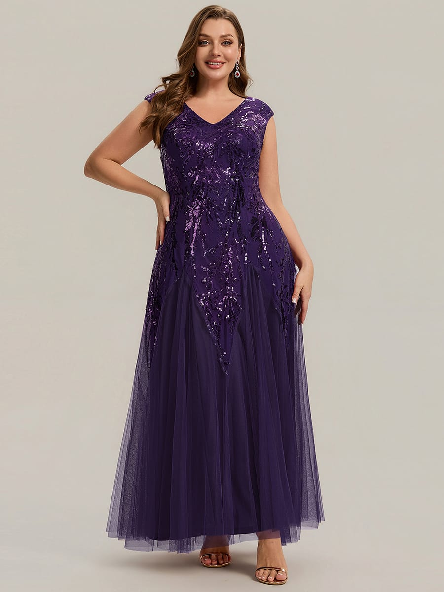Embroidered Sequin Cap Sleeve Dress #color_Dark Purple