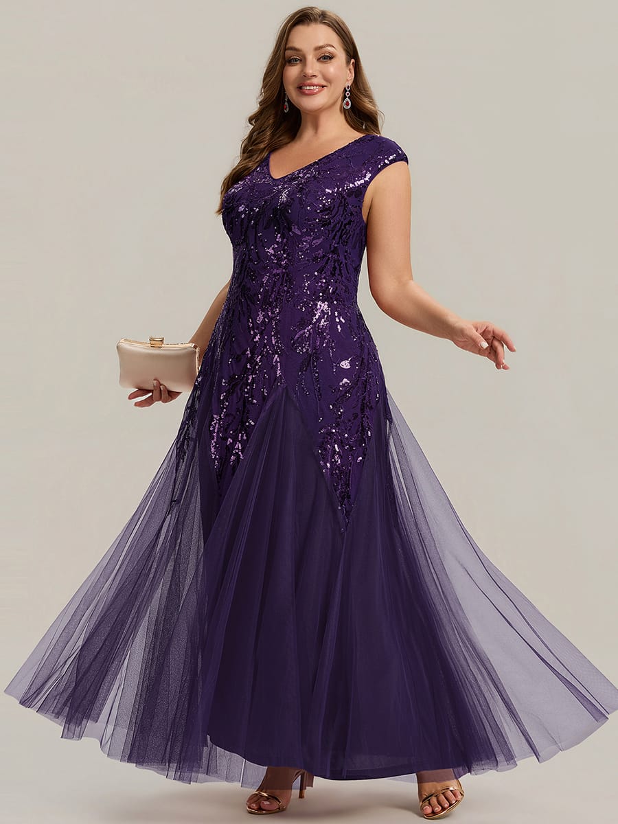 Embroidered Sequin Cap Sleeve Dress #color_Dark Purple