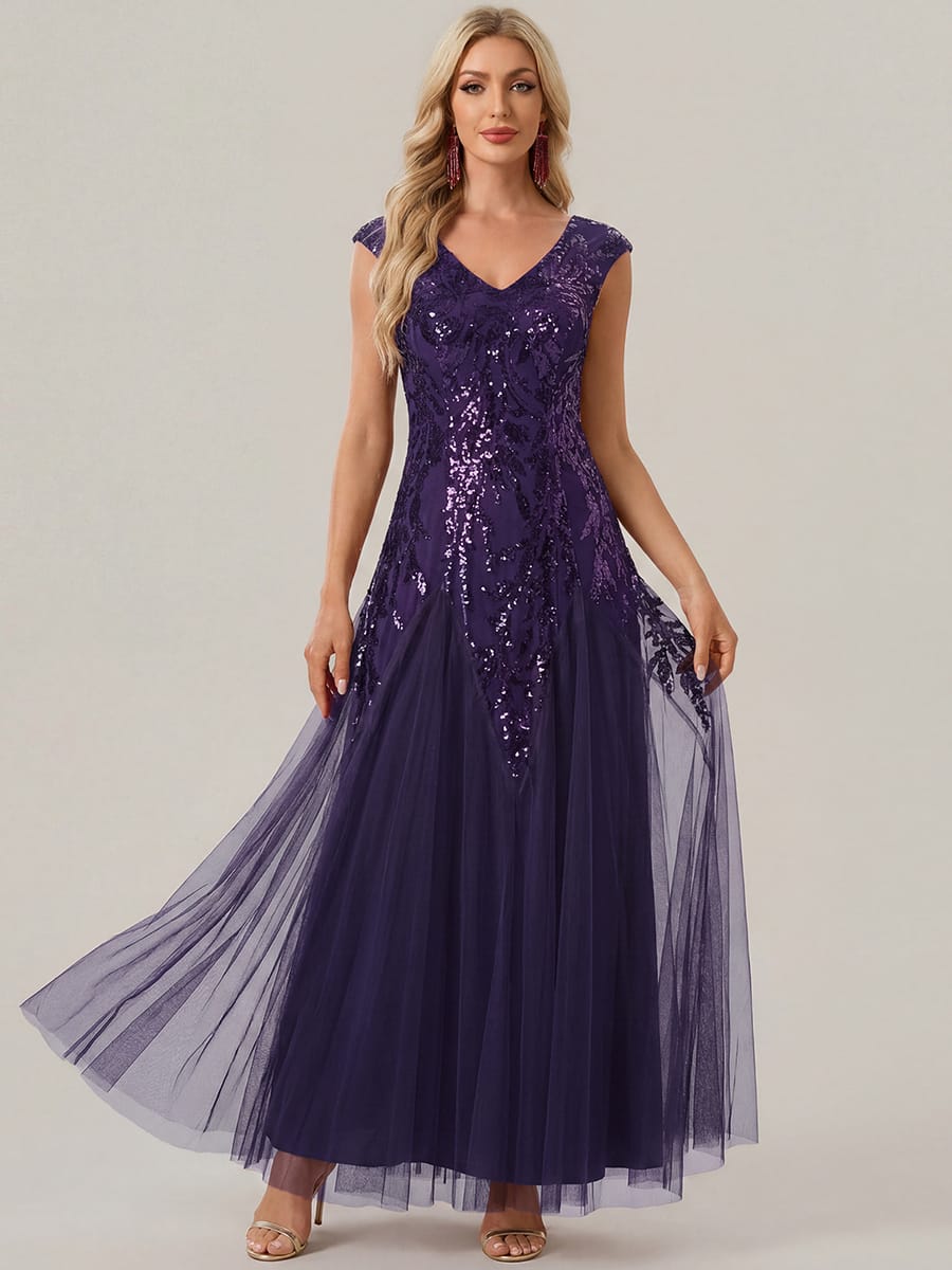 Embroidered Sequin Cap Sleeve Dress #color_Dark Purple