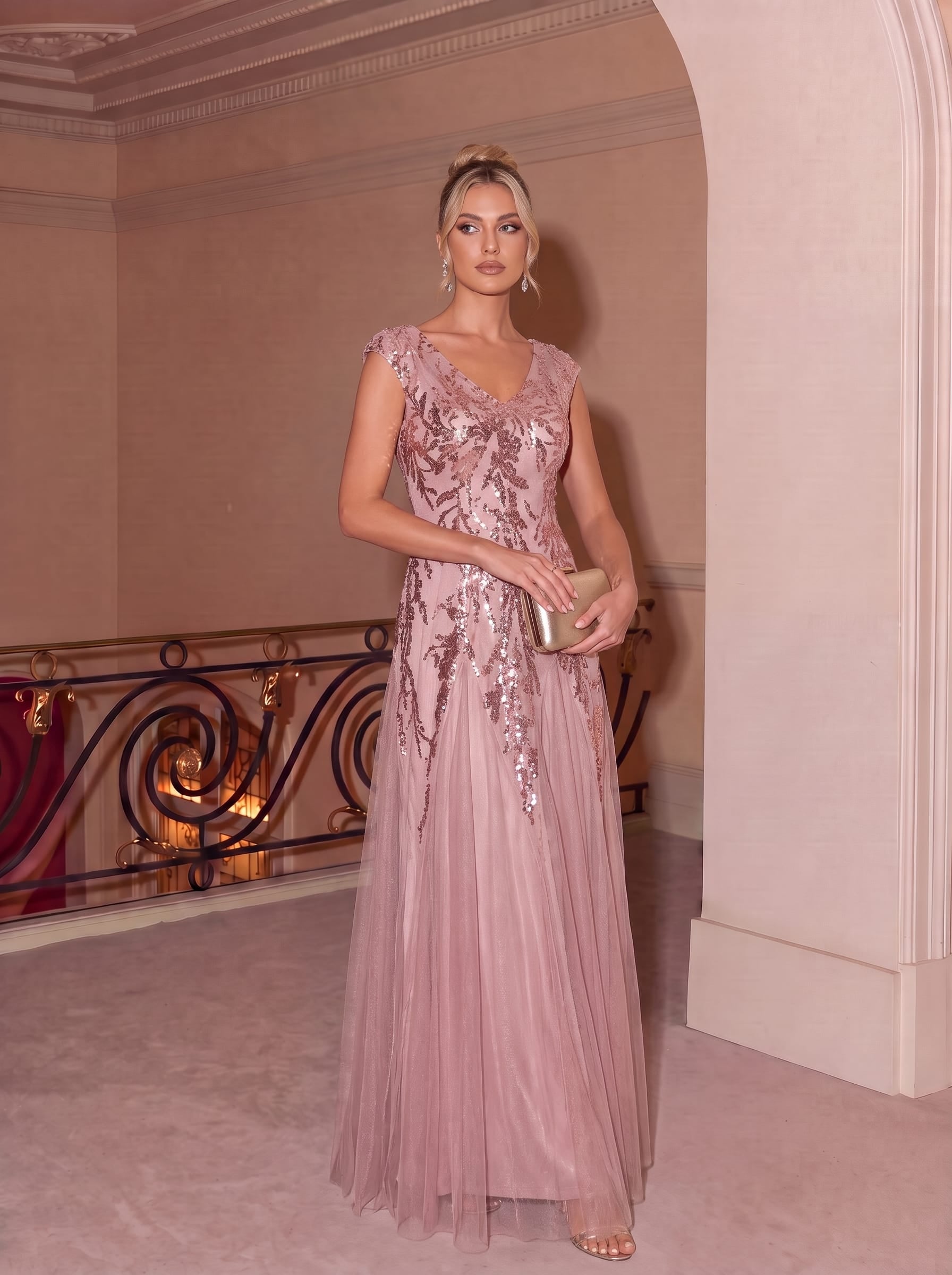 Embroidered Sequin Cap Sleeve Dress #color_Dusty Rose
