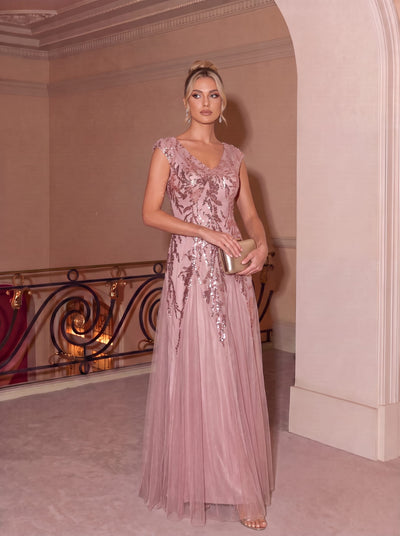 ever FREYA| Floral Sequin A Line Maxi Evening Dress with V-Neck