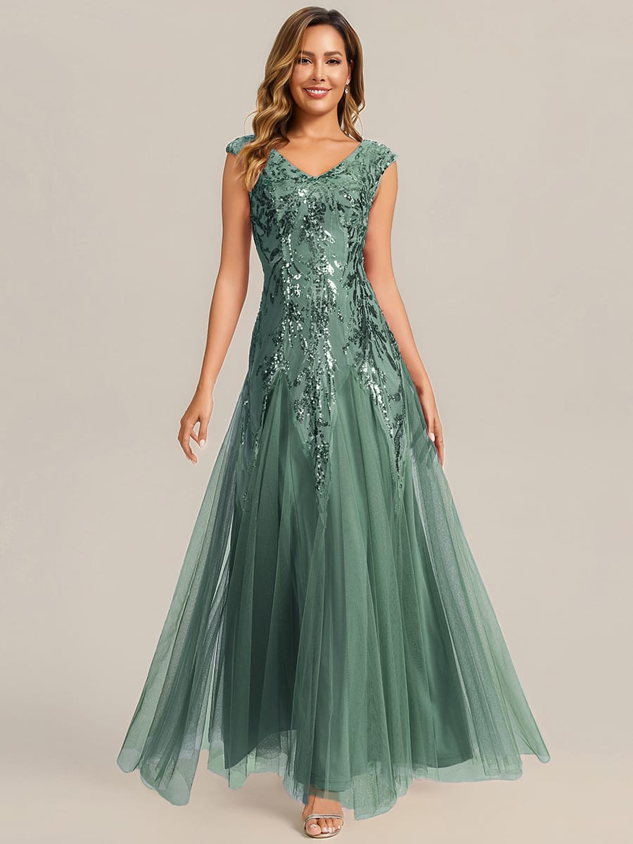 Embroidered Sequin Cap Sleeve Dress #color_Eucalyptus Green