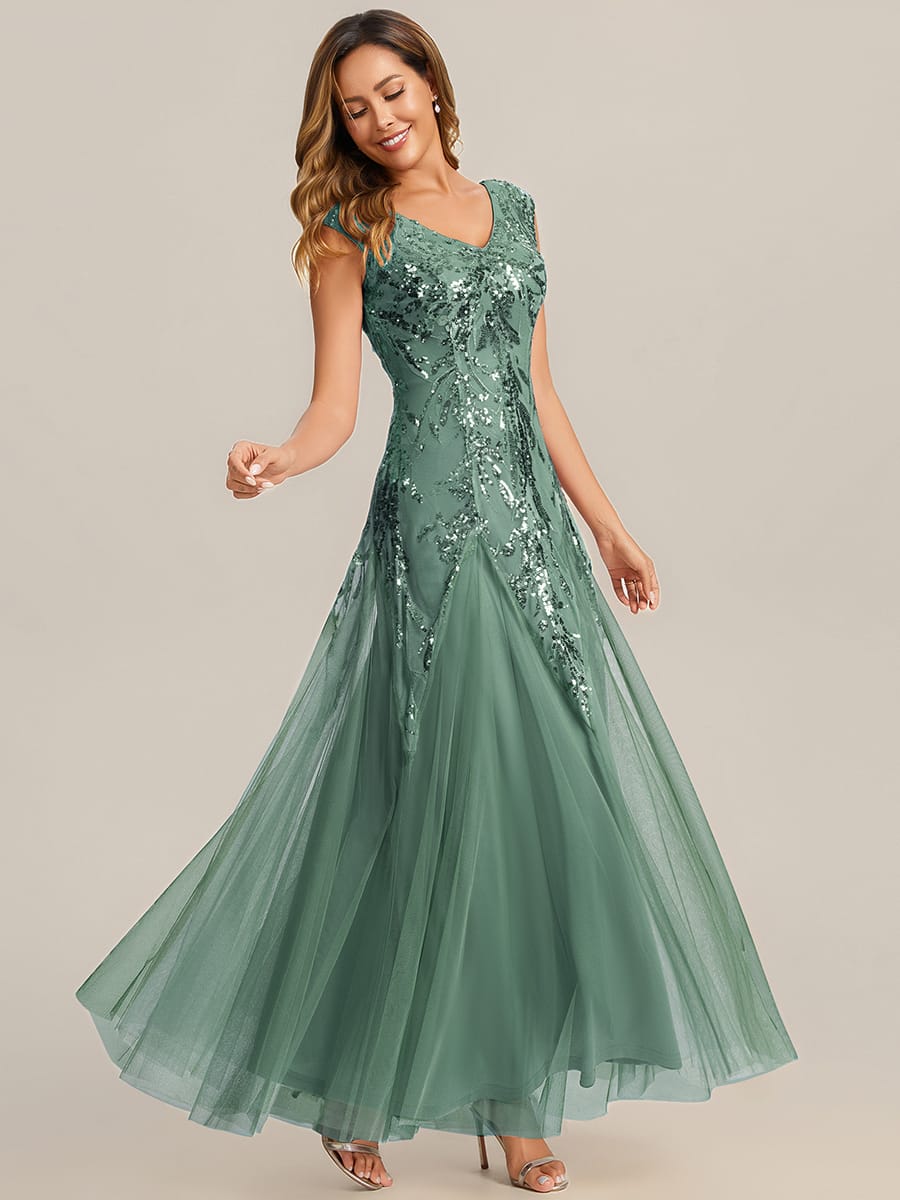 Embroidered Sequin Cap Sleeve Dress #color_Eucalyptus Green