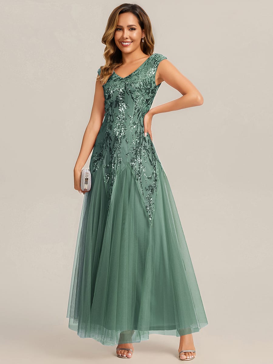 Embroidered Sequin Cap Sleeve Dress #color_Eucalyptus Green