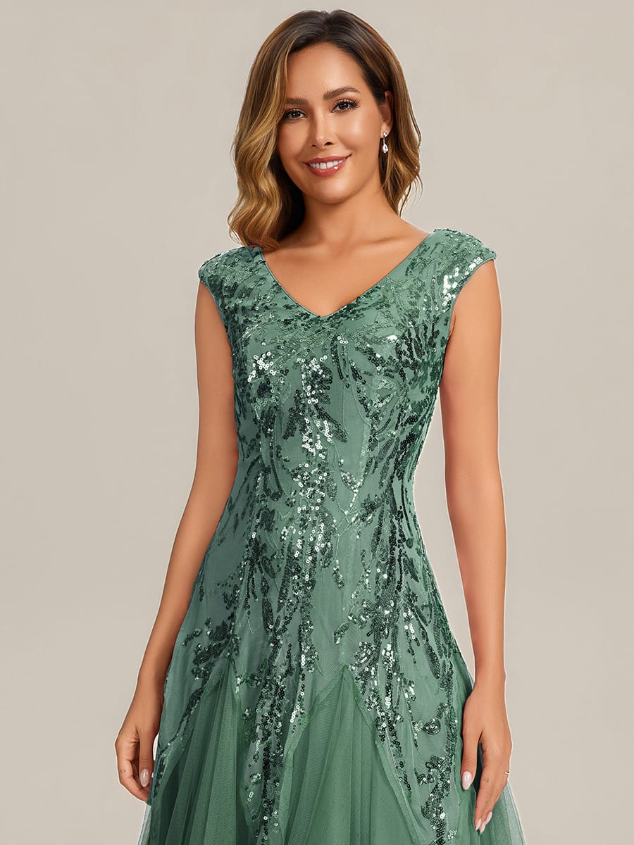 Embroidered Sequin Cap Sleeve Dress #color_Eucalyptus Green