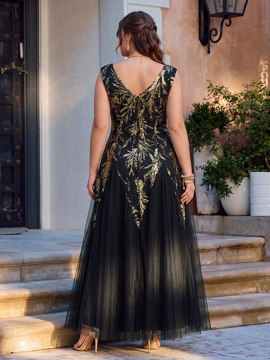 Embroidered Sequin Cap Sleeve Dress #color_Black & Gold