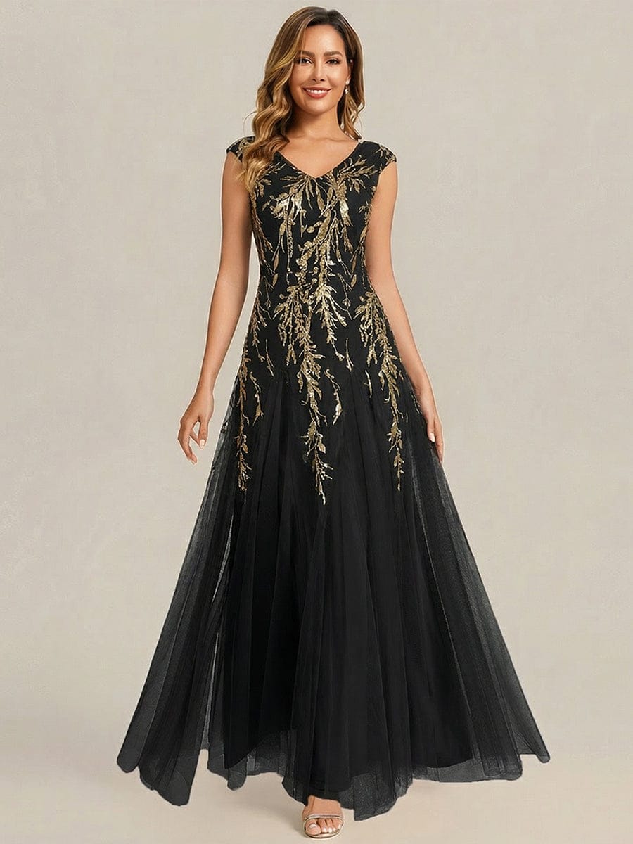Embroidered Sequin Cap Sleeve Dress #color_Black & Gold