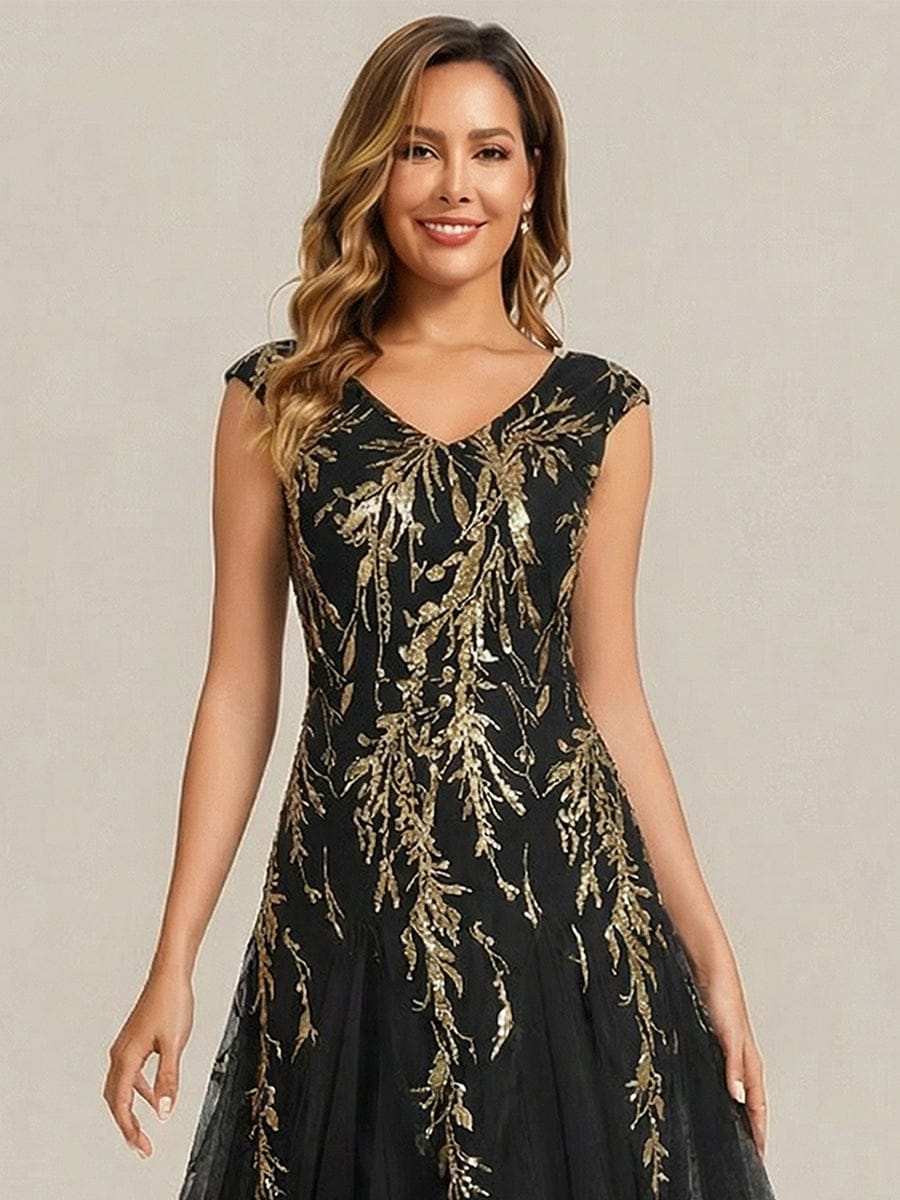 Embroidered Sequin Cap Sleeve Dress #color_Black & Gold