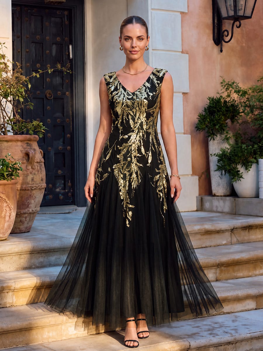 Embroidered Sequin Cap Sleeve Dress #color_Black & Gold