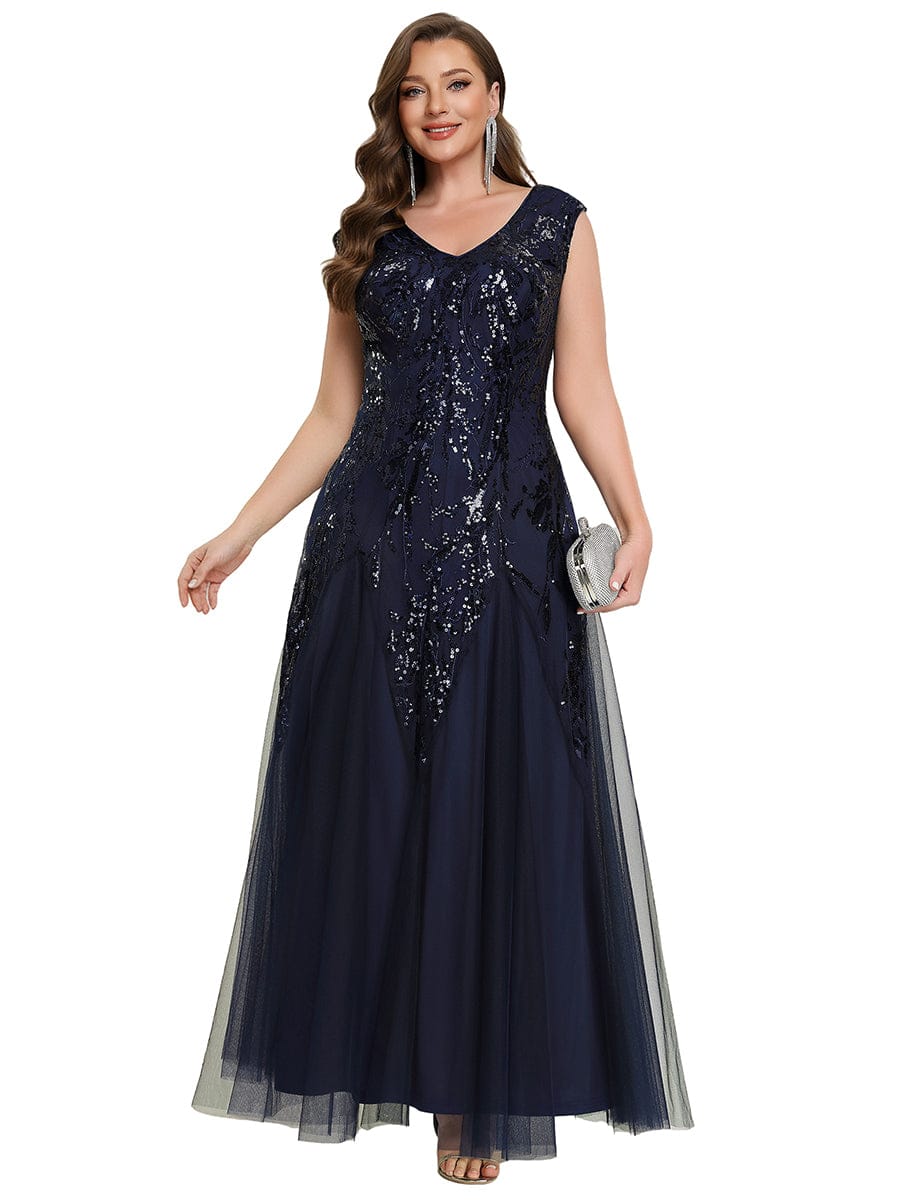 Embroidered Sequin Cap Sleeve Dress #color_Navy Blue