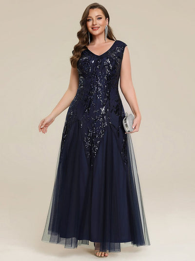 Embroidered Sequin Cap Sleeve Dress #color_Navy Blue