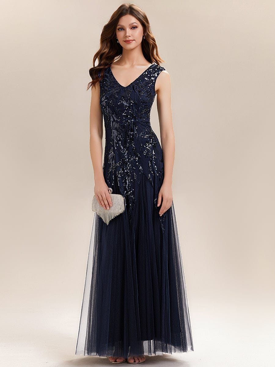 Embroidered Sequin Cap Sleeve Dress #color_Navy Blue