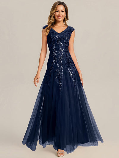 ever FREYA| Floral Sequin A Line Maxi Evening Dress with V-Neck
