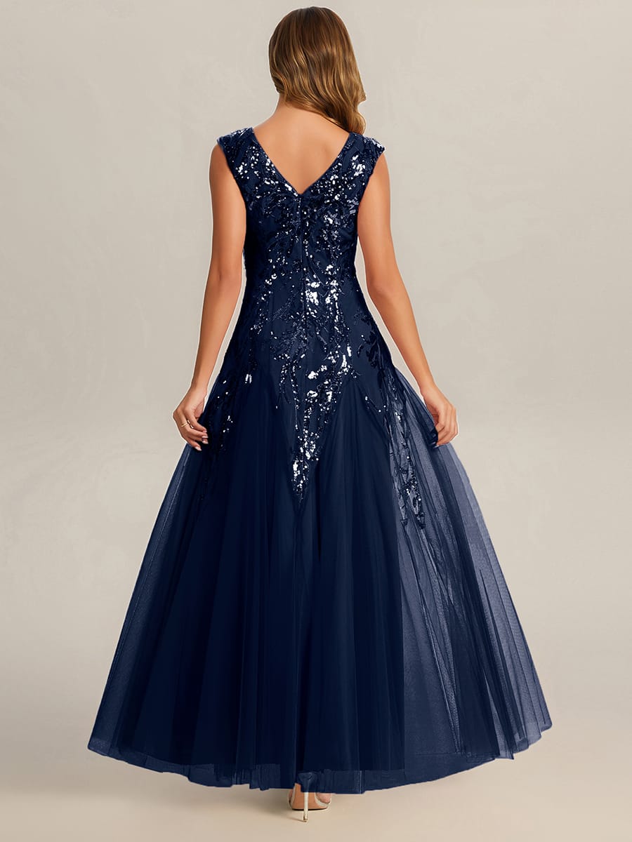 Embroidered Sequin Cap Sleeve Dress #color_Navy Blue