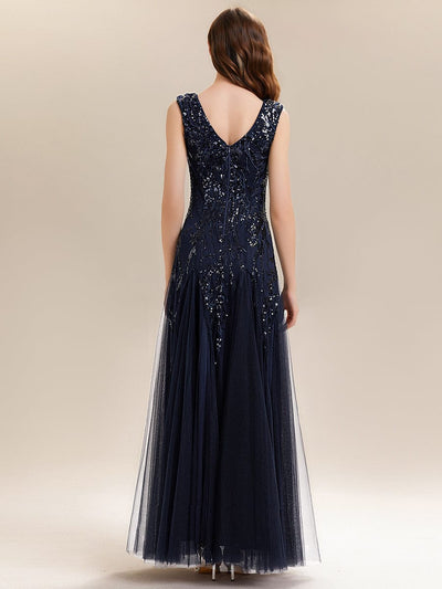 Embroidered Sequin Cap Sleeve Dress #color_Navy Blue