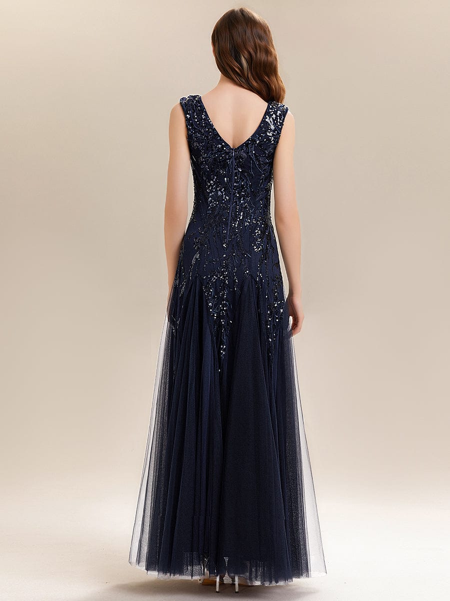 Embroidered Sequin Cap Sleeve Dress #color_Navy Blue