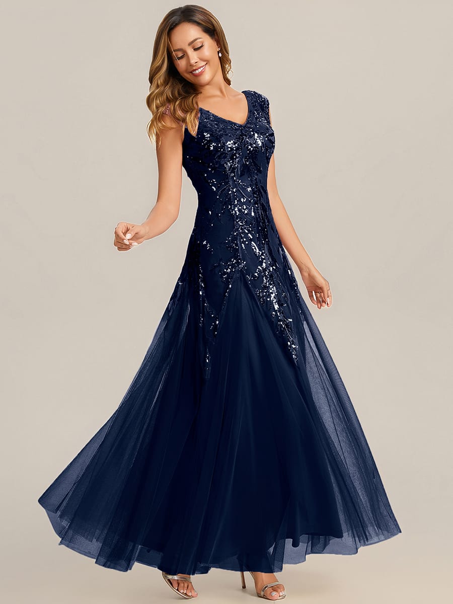 Embroidered Sequin Cap Sleeve Dress #color_Navy Blue