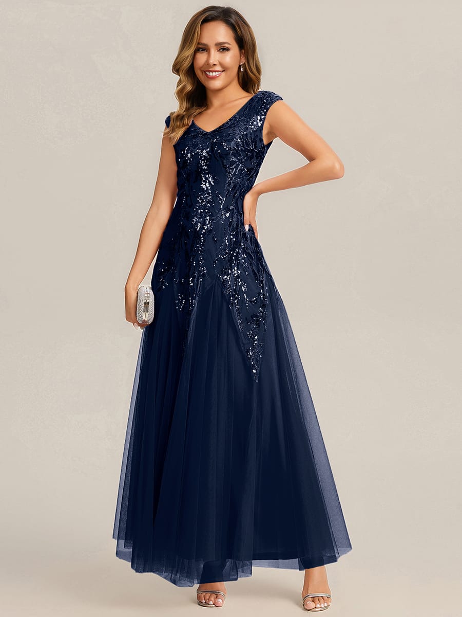 Embroidered Sequin Cap Sleeve Dress #color_Navy Blue