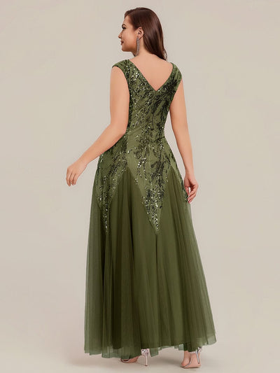 Embroidered Sequin Cap Sleeve Dress #color_Olive Green