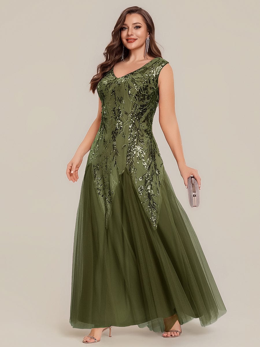 Embroidered Sequin Cap Sleeve Dress #color_Olive Green