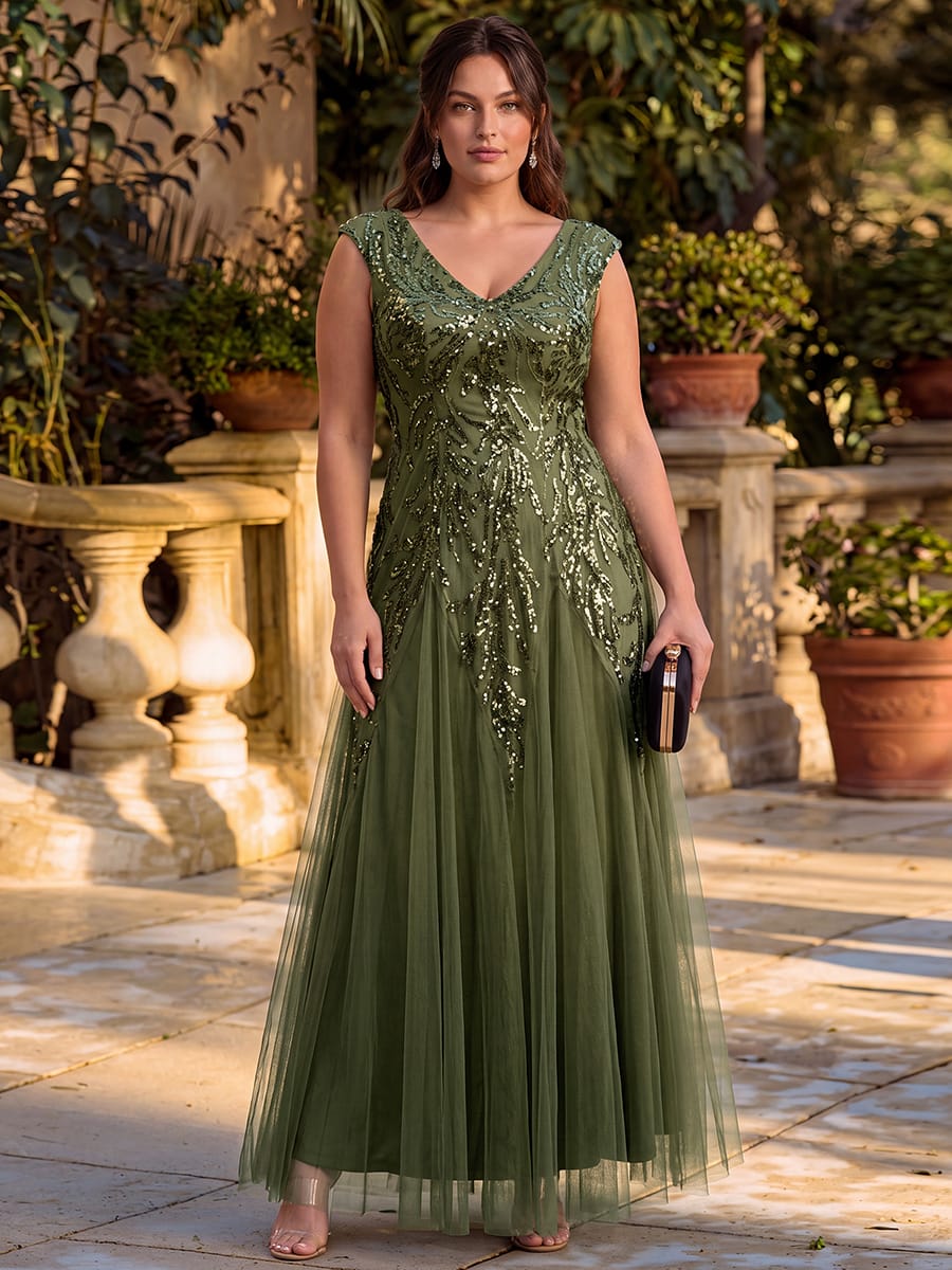 Embroidered Sequin Cap Sleeve Dress #color_Olive Green