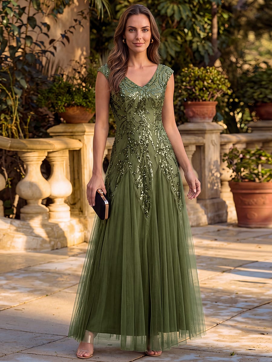 Embroidered Sequin Cap Sleeve Dress #color_Olive Green