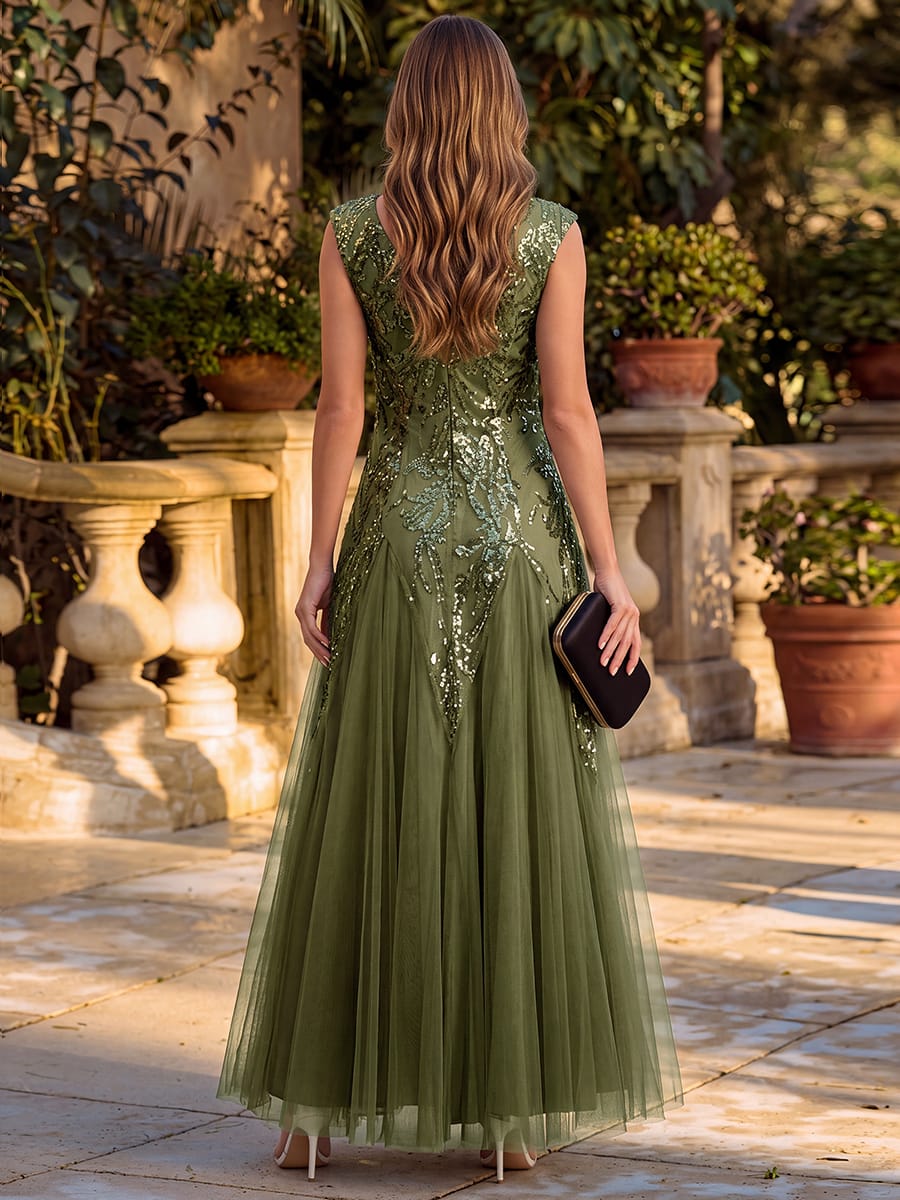 Embroidered Sequin Cap Sleeve Dress #color_Olive Green