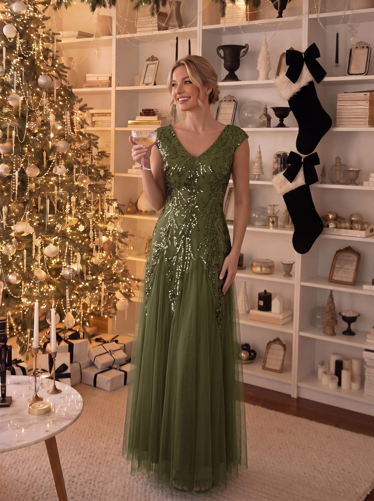 Embroidered Sequin Cap Sleeve Dress #color_Olive Green