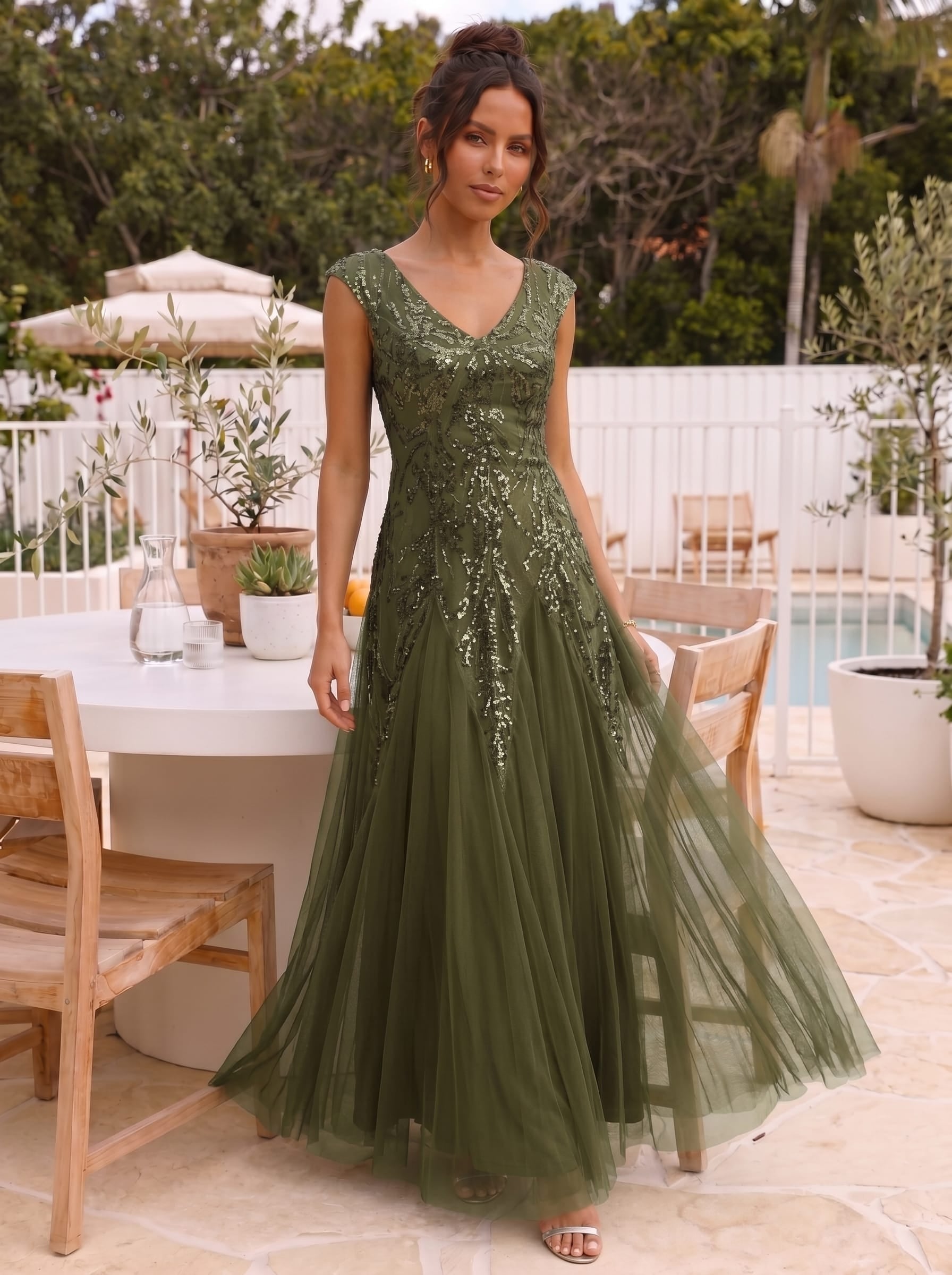Embroidered Sequin Cap Sleeve Dress #color_Olive Green
