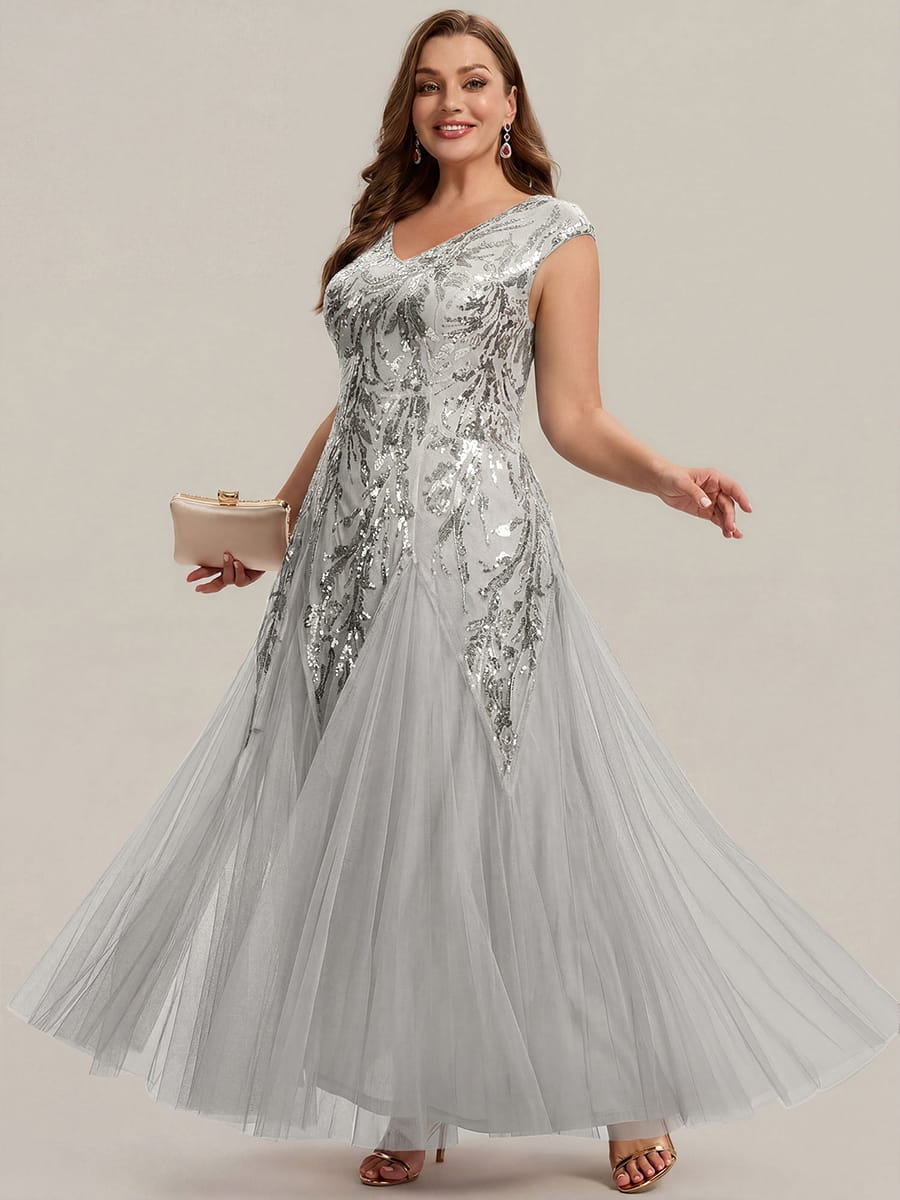 Embroidered Sequin Cap Sleeve Dress #color_Silver