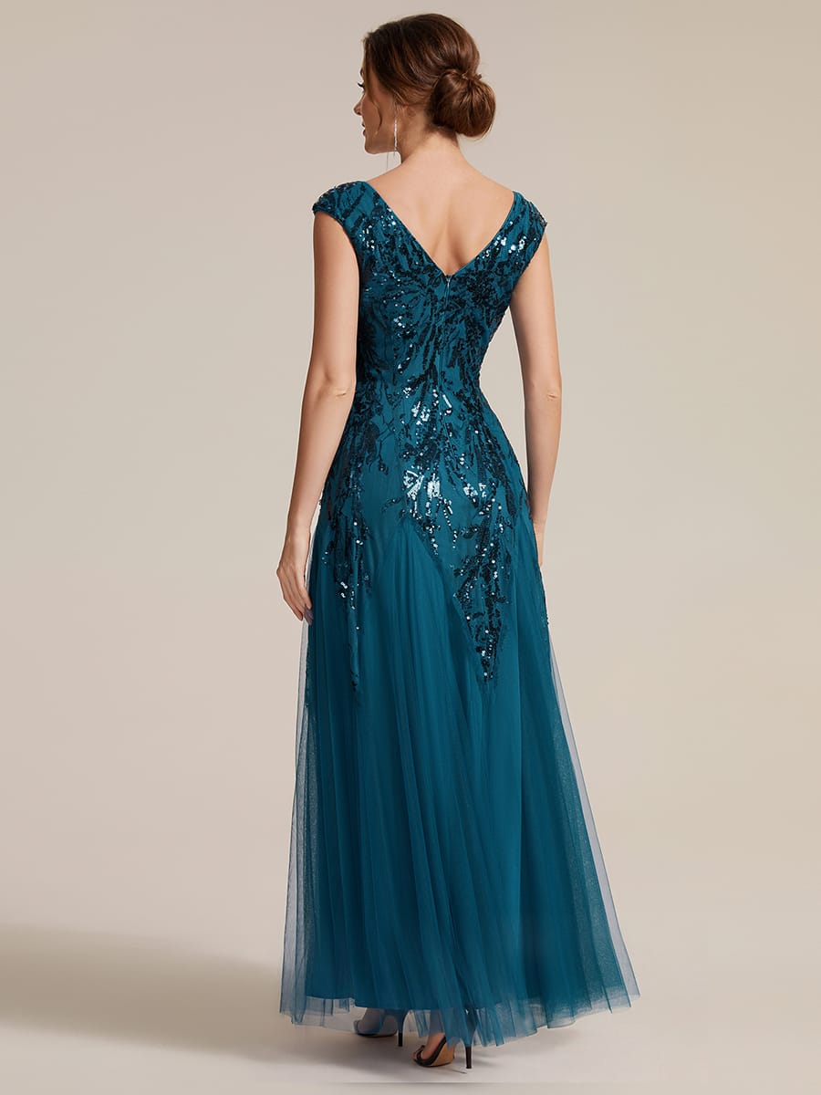 Embroidered Sequin Cap Sleeve Dress #color_Teal