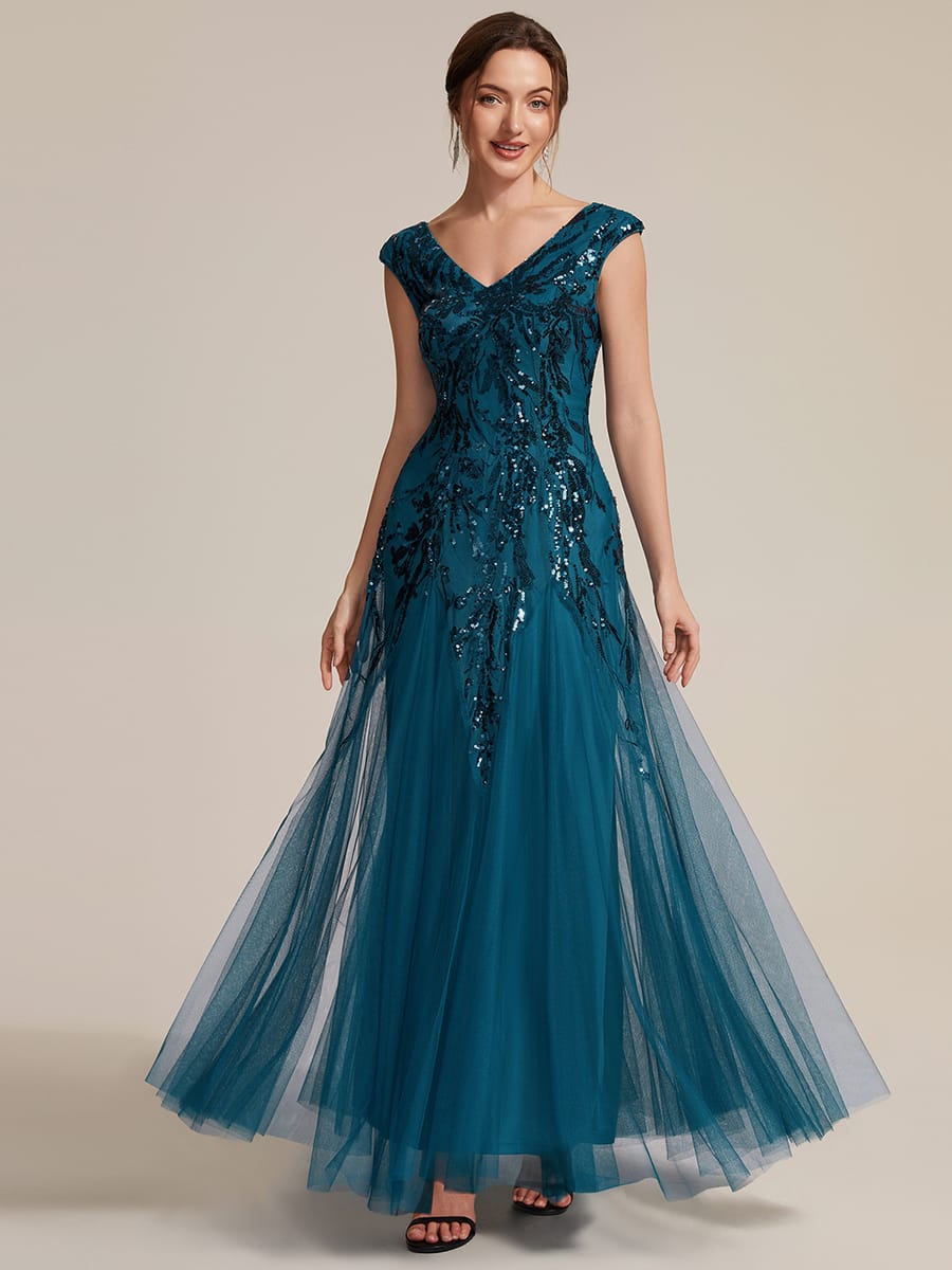 Embroidered Sequin Cap Sleeve Dress #color_Teal