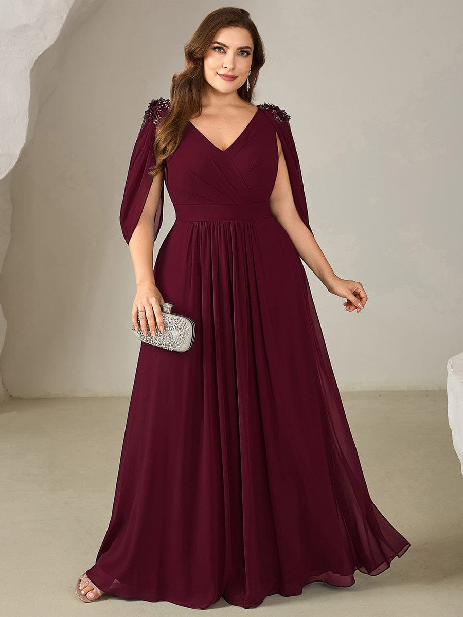 Floral Chiffon Tulip Sleeve Evening Dress #color_Burgundy