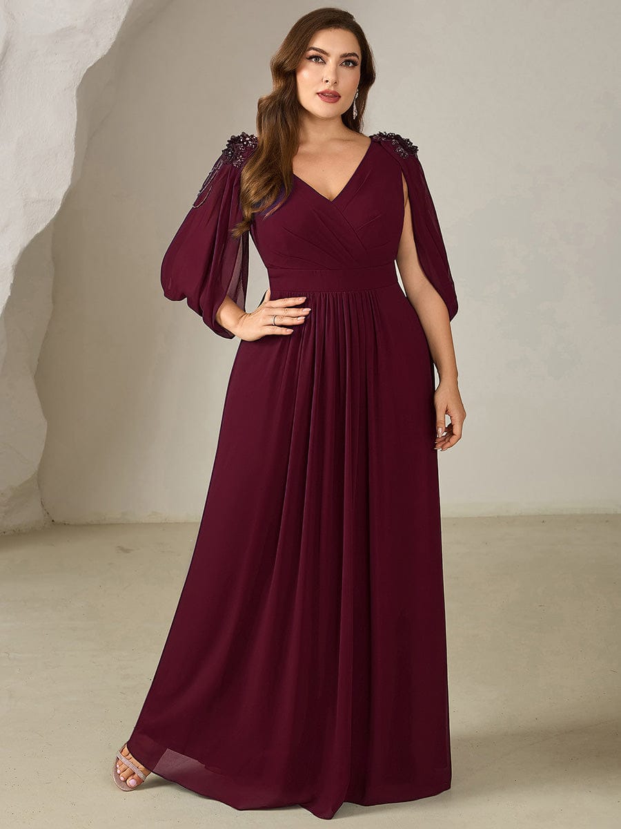 Floral Chiffon Tulip Sleeve Evening Dress #color_Burgundy