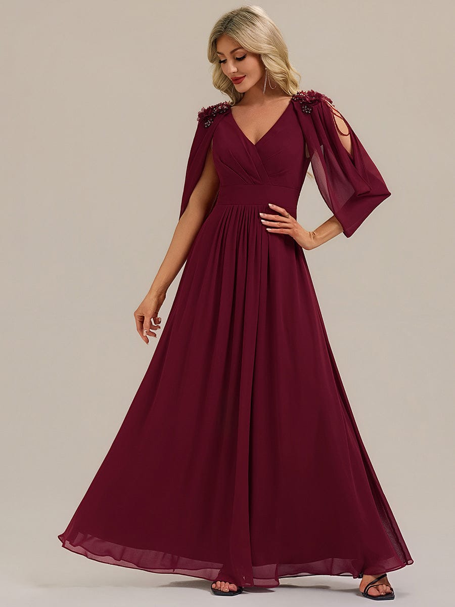 Floral Chiffon Tulip Sleeve Evening Dress #color_Burgundy