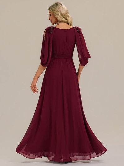 Floral Chiffon Tulip Sleeve Evening Dress #color_Burgundy