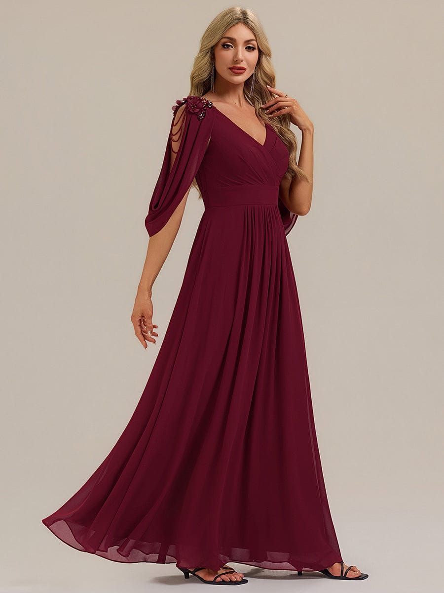 Floral Chiffon Tulip Sleeve Evening Dress #color_Burgundy