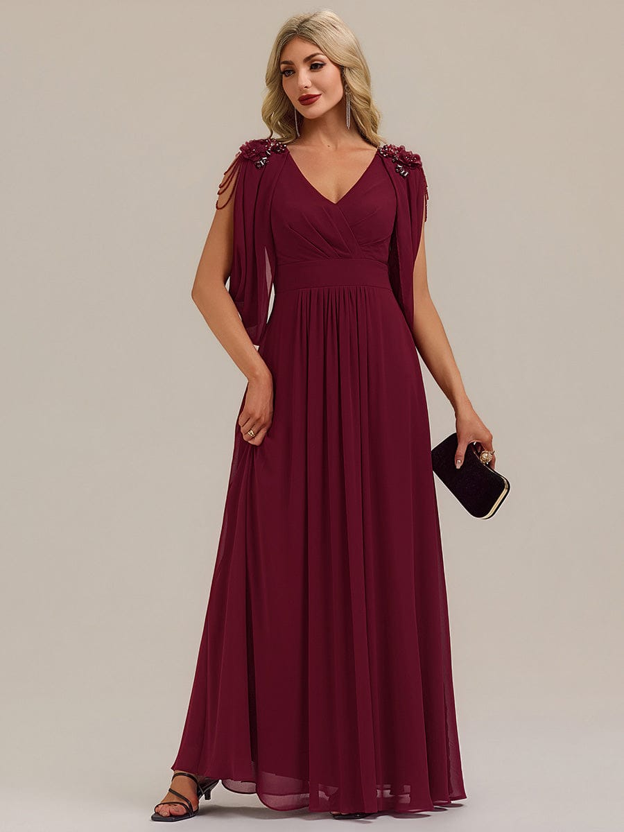 Floral Chiffon Tulip Sleeve Evening Dress #color_Burgundy